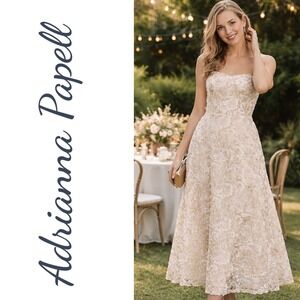 NWT Adrianna Papell Strapless Embroidered Dress Ivory Gold Floral Midi Formal, 6